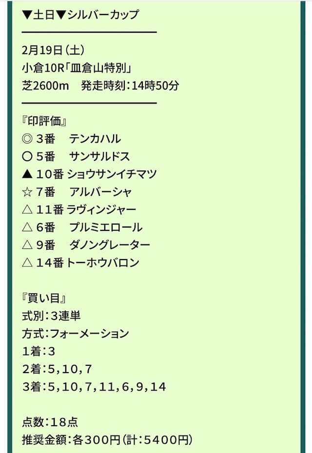 けいばーの有料予想2月19日小倉10R