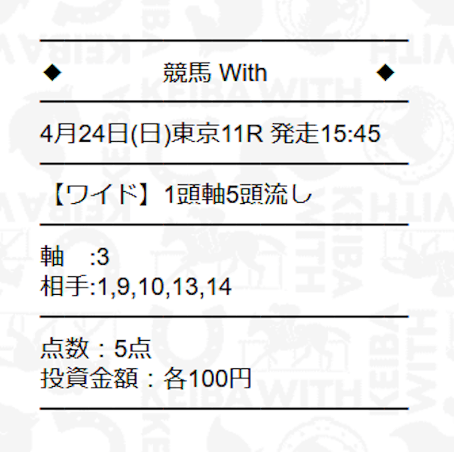 競馬with無料予想買い目4月24日東京11R