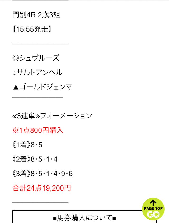 地方競馬GO　有料予想買い目