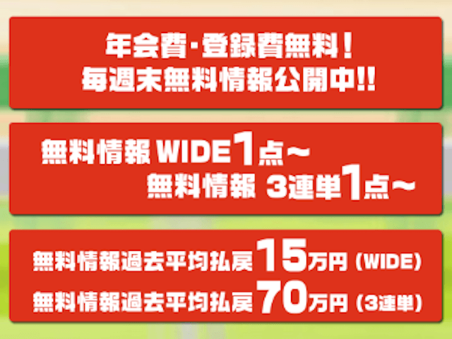 一点予想屋本舗「年会費・登録費無料！毎週末無料情報公開中!!」「無料情報WID1点~無料情報3連単:1点~」「無料上y法平均払戻15万円(WIDE)無料情報平均払戻70万円(3連単)」