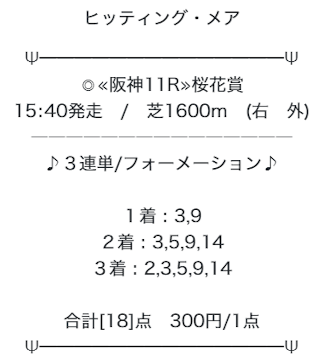 ブレイクホースレーシングの有料予想「ヒッティングメア」の有料予想買い目