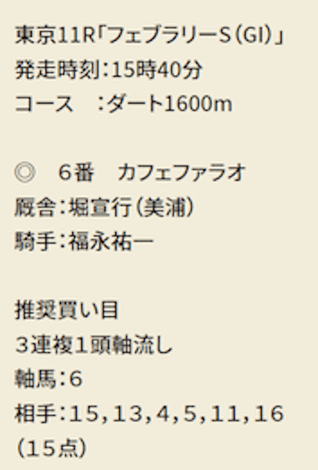 けいばーの無料予想2月20日東京11Rフェブラリーステークス