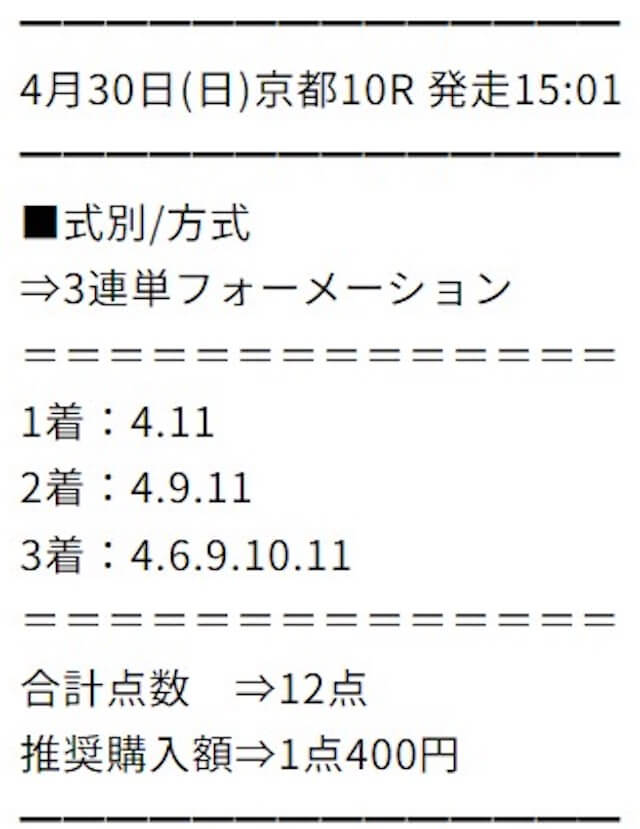 2023年4月30日の京都10Rの有料予想買い目