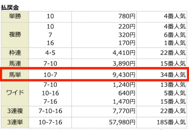 馬単⑩-⑦。94.3倍の34番人気。