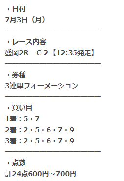 2023年7月3日のプロ競馬ロジックの有料予想「ミリオンゴッド」の買い目