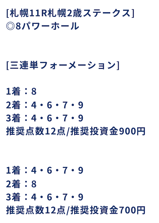 メザマシケイバの有料予想「ポイント情報の買い目」2023年9月2日札幌11R