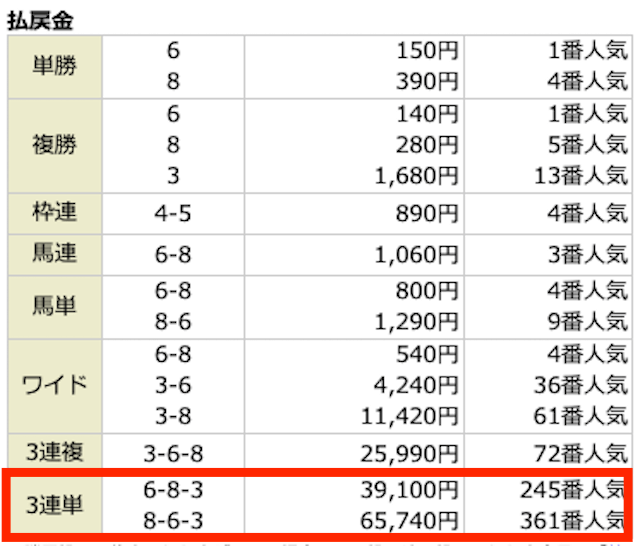 6-8-3,8-6-3。39,100円、65,740円。245番人気、361番人気。