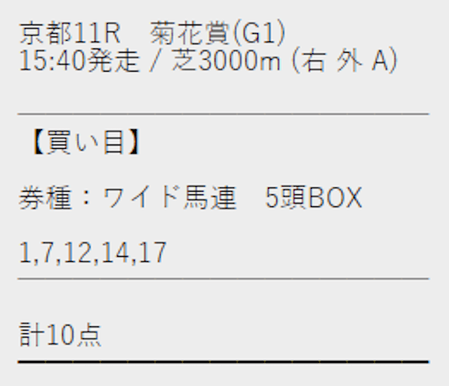 2023年10月22日京都11Rの競馬予想サイトKUROZIKA(クロジカ)の無料予想の買い目