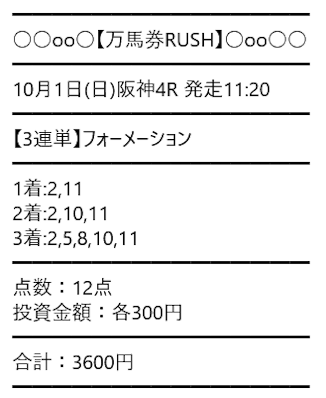 2023年10月1日の万馬券ラッシュ(万馬券RUSH)の有料予想「ギャンブルの神更新8192」の買い目