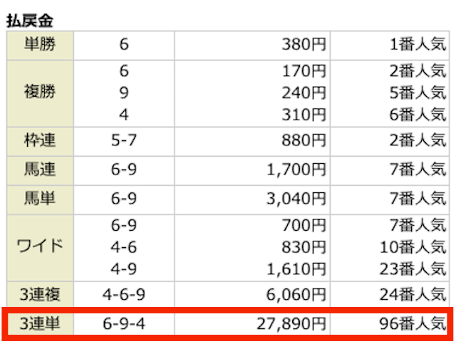 ⑥-⑨-④。27,890円。96番人気。