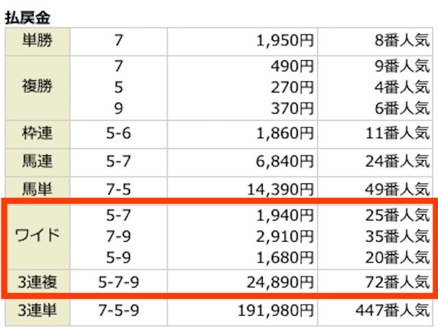 ⑤-⑦。⑦-⑨。⑤-⑨。⑤-⑦-⑨。1,940円。2,910円。1,680円。24,890円。25番人気。35番人気。20番人気。72番人気。