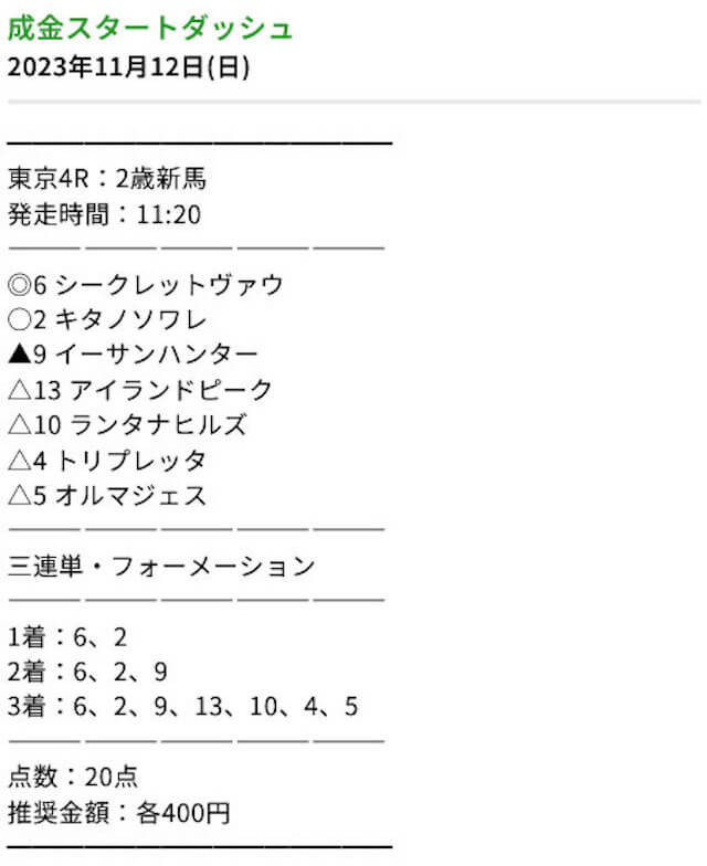 成金競馬道の2023年11月12日の東京4Rの有料予想「成金スタートダッシュ」の買い目