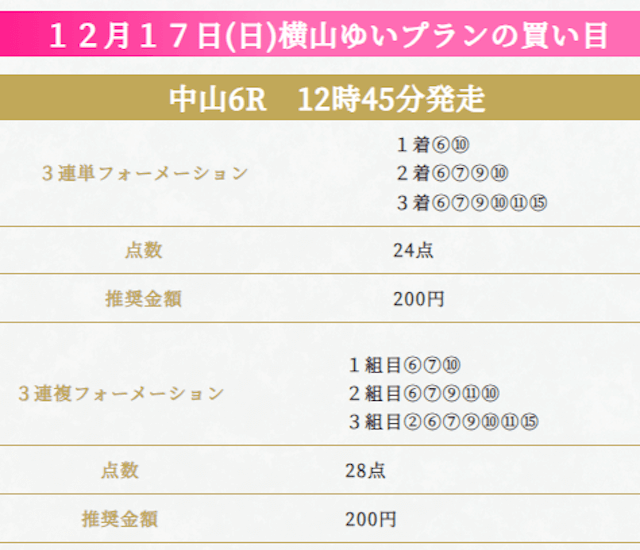 2023年12月17日のハーレム競馬の有料予想「横山ゆい」の中山6Rの買い目