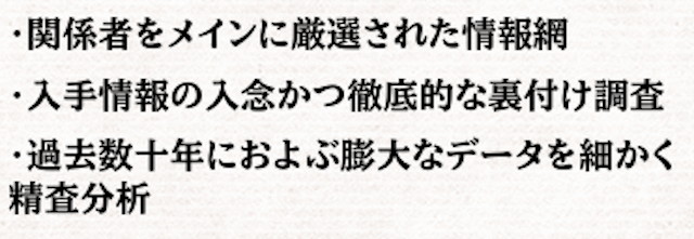 馬争の頂「関係者をメインに厳選された情報網。入手情報を入念かつ徹底的な裏付け調査。過去数樹年におよぶ膨大なデータを細かく精査分析。」