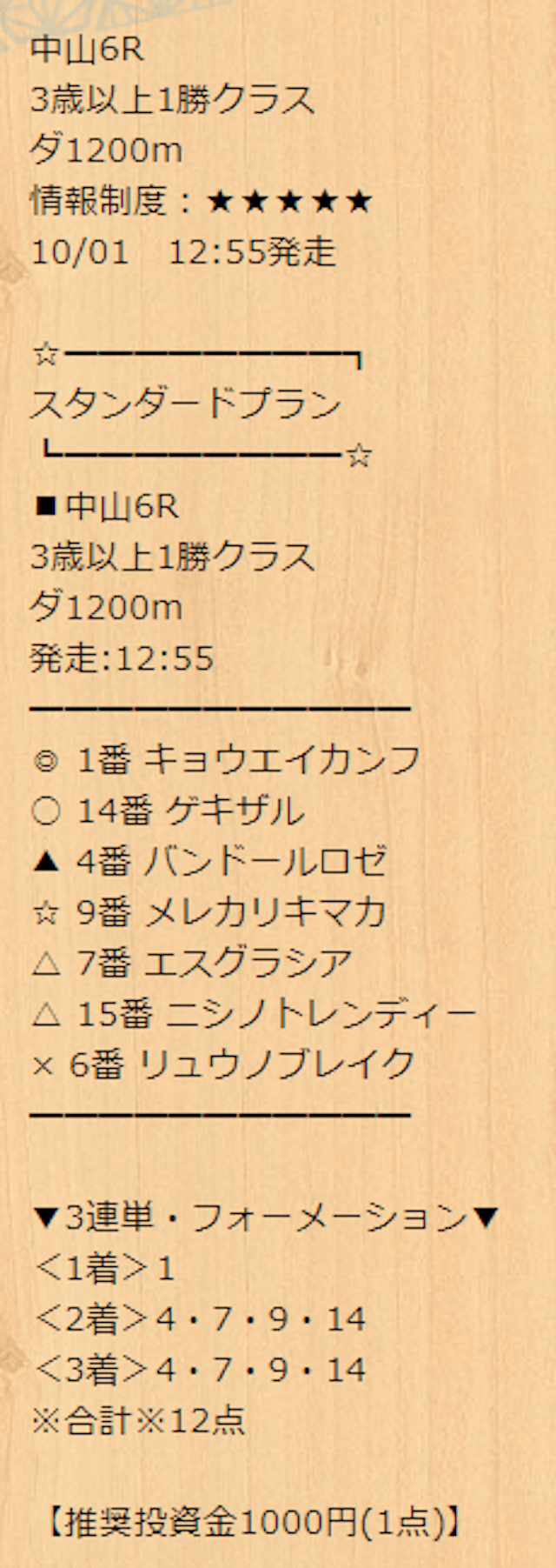 2023年10月1日の宝馬の有料予想「スタンダートプラン」の買い目