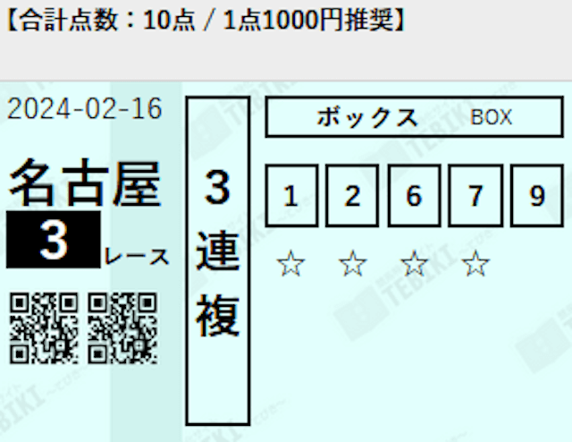 競馬予想サイトTEBIKI(てびき)の有料予想勝利への序章の2024年2月16日の買い目