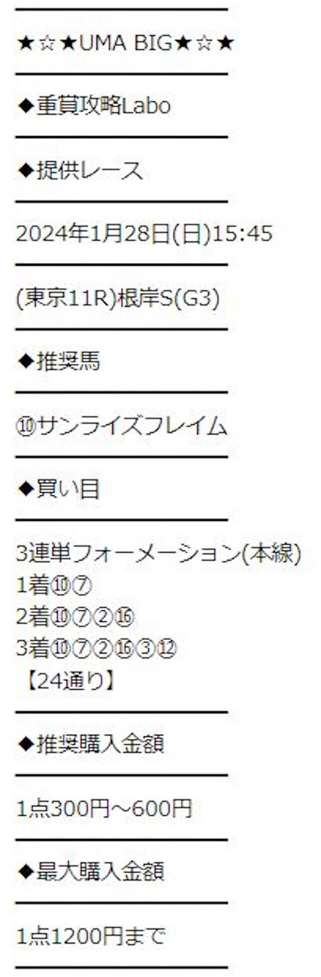 2024年1月28日のUMABIGの有料予想「重賞攻略Labo」の買い目