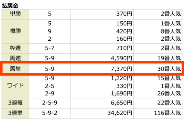 ⑤-⑨。7,370円。30番人気。