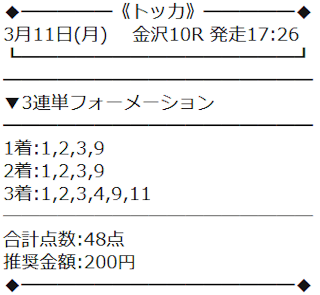 2,024年3月11日のトッカの有料予想