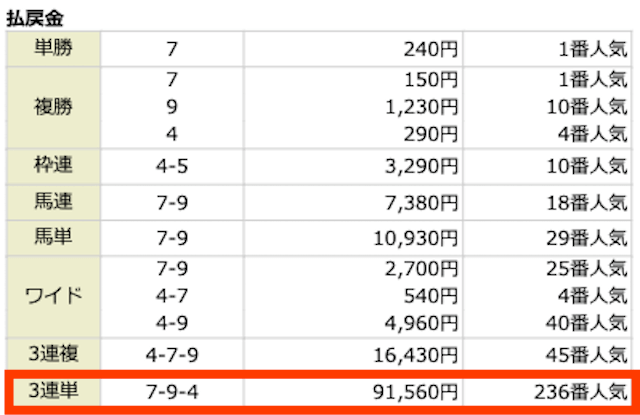 7-9-4。91,560円。236番人気。