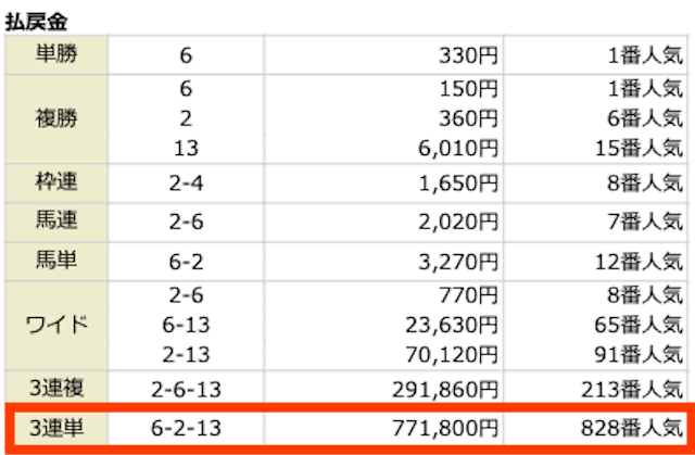 ⑥-②-⑬。771,800円。828番人気。