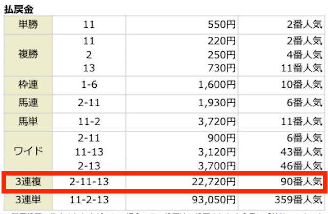 ②-⑪-⑬。22,720円。90番人気。