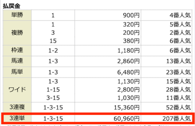 ①-③-⑮。60,960円。207番人気。