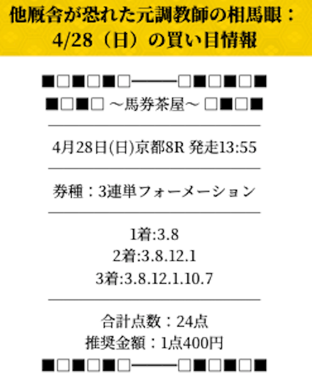 馬券茶屋の2,024年04月28日の有料予想「他厩舎が恐れた元調教師の相馬眼」の買い目