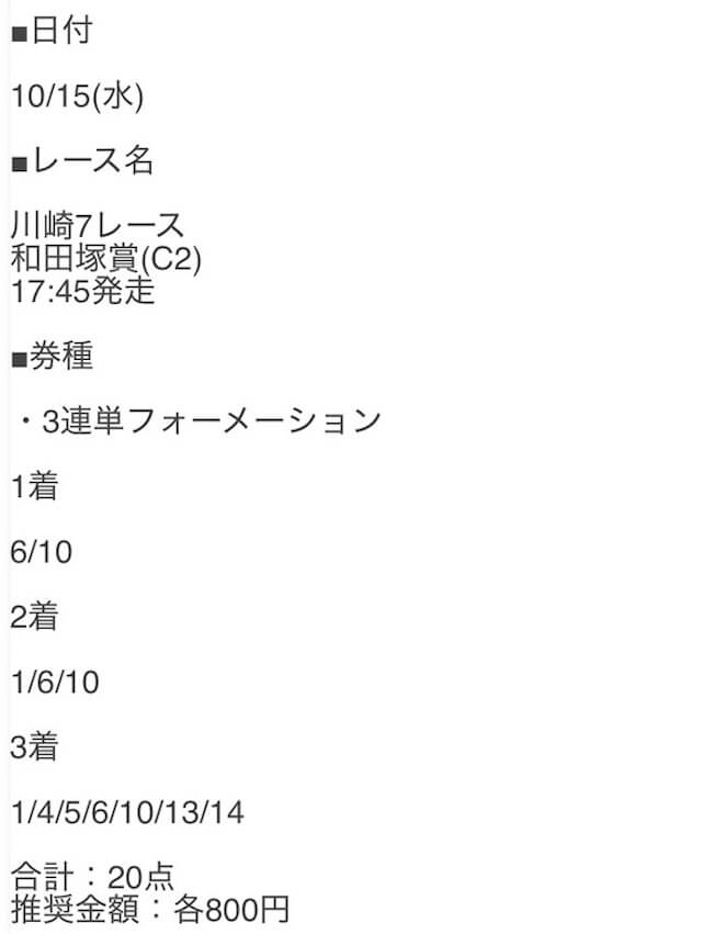 2025年10月15日川崎07Rのオールウィンが提供している有料予想の買い目