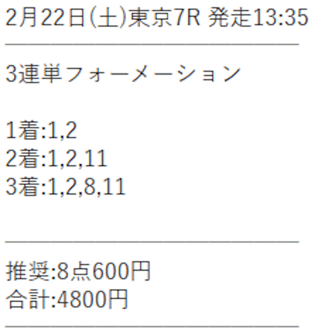 競馬予想サイトうまこみゅの2025年2月22日の有料予想買い目