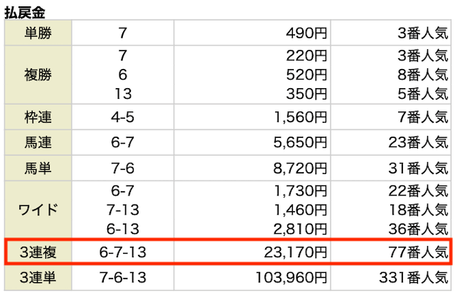 3連複。6-7-13。23,170円。77番人気。