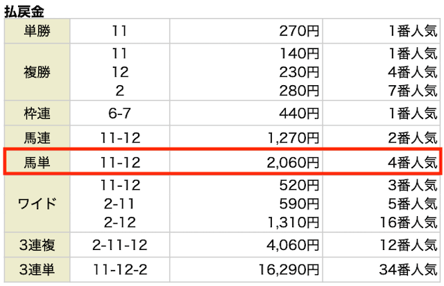 馬単。11-12。20.6倍。2,060円。4番人気。