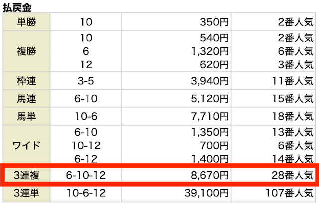 3連複。6-10-12。8,670円。28番人気。