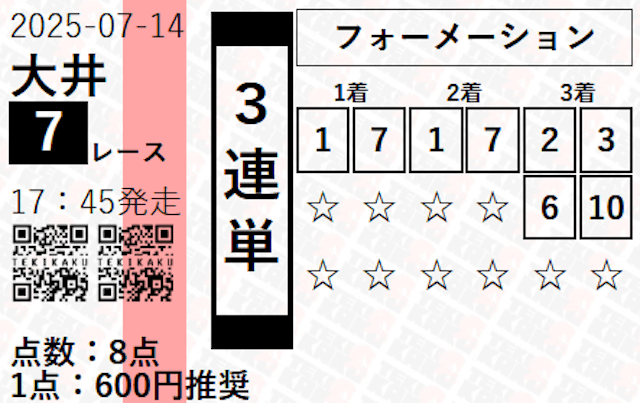 「2025年07月14日大井07R」テキカクの有料予想の買い目。