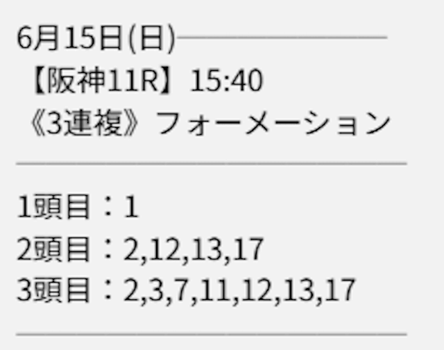 2025年06月15日阪神11Rのディギン競馬の買い目。