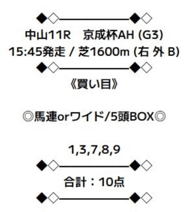 2025年09月06日中山11Rのニジュウマルの買い目。