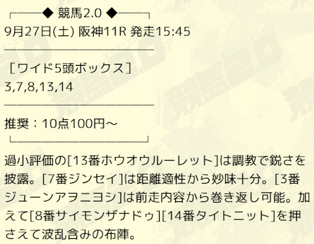 2025年09月27日阪神11Rの競馬2.0の買い目。