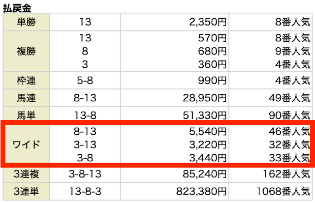 結果。8−13、5,540円、46番人気。3−13、3,220円、32番人気。3−8、3,440円、33番人気。