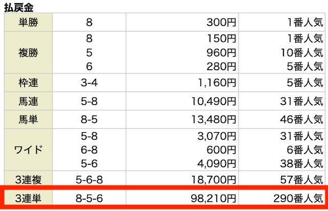 3連単。⑧−⑤−⑥。98,210円。290番人気。