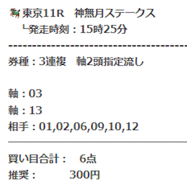 2025年10月26日東京11Rのうま遊勝の買い目。
