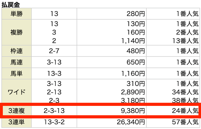 3連複。②−③−⑬。9,380円。24番人気。
