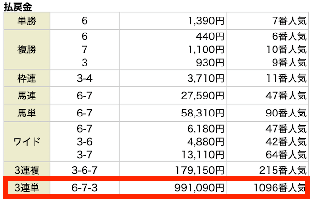 3連単。⑥-⑦-③。991,090円。1096番人気。